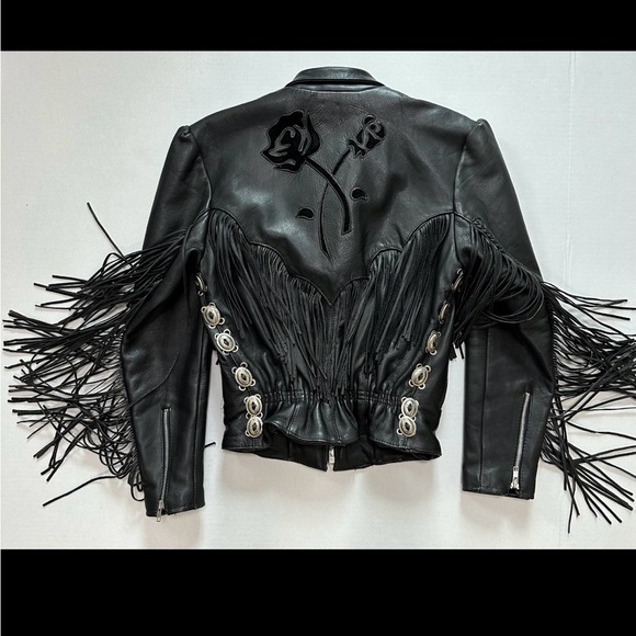 VTG Women’s Pro-Sports Leather Moto Jacket Fringe Conchos Roses Cinched Waist - Picture 2 of 15